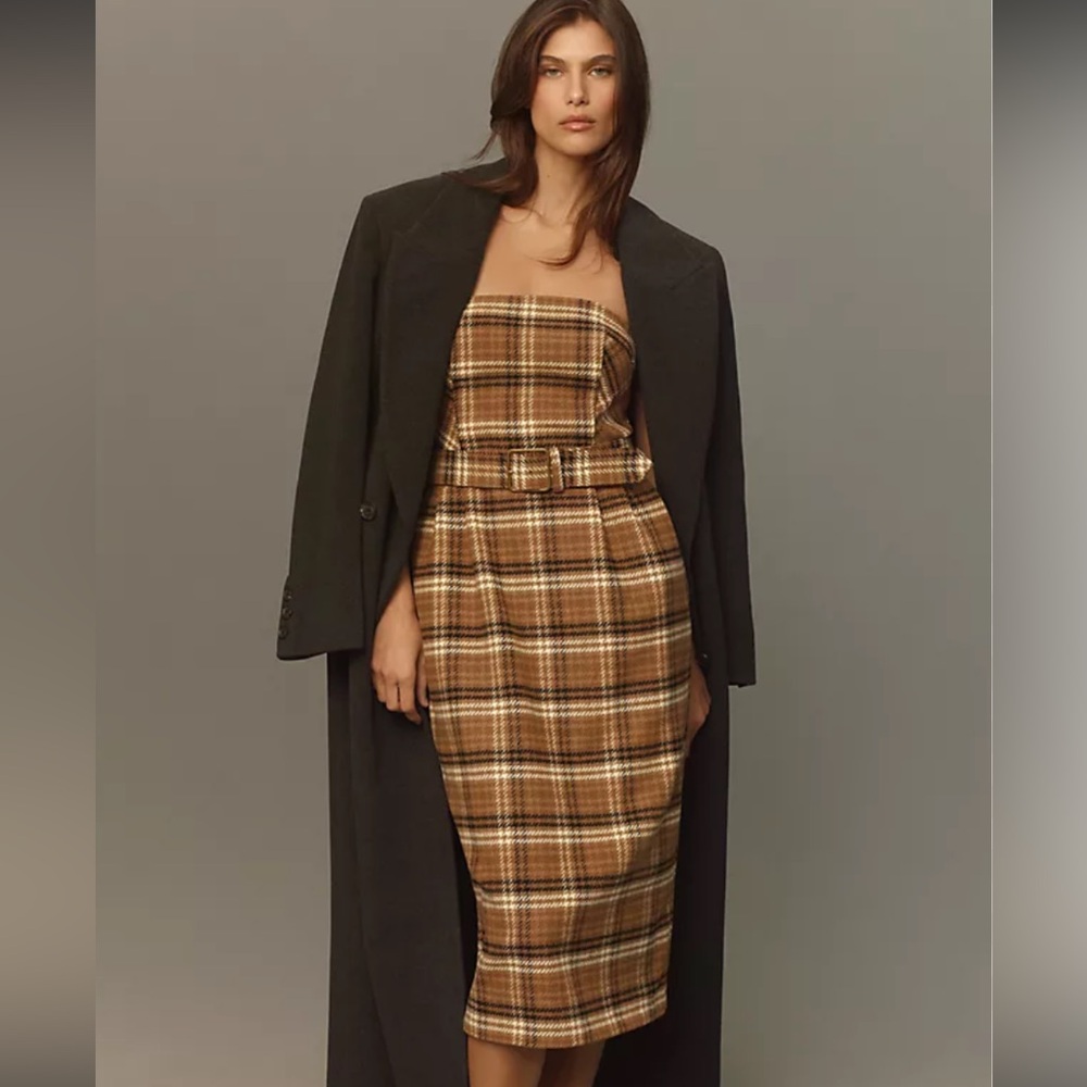 Anthropologie Brown Plaid Strapless Dress